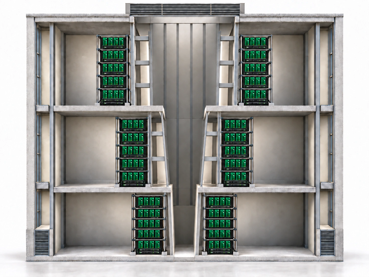 Lifelike three-level Ritheum cutaway. Blue arrows show ground-level intake, side supply paths and air passing through racks. Red arrows show warm exhaust rising through the stepped central shaft to the roof outlet.