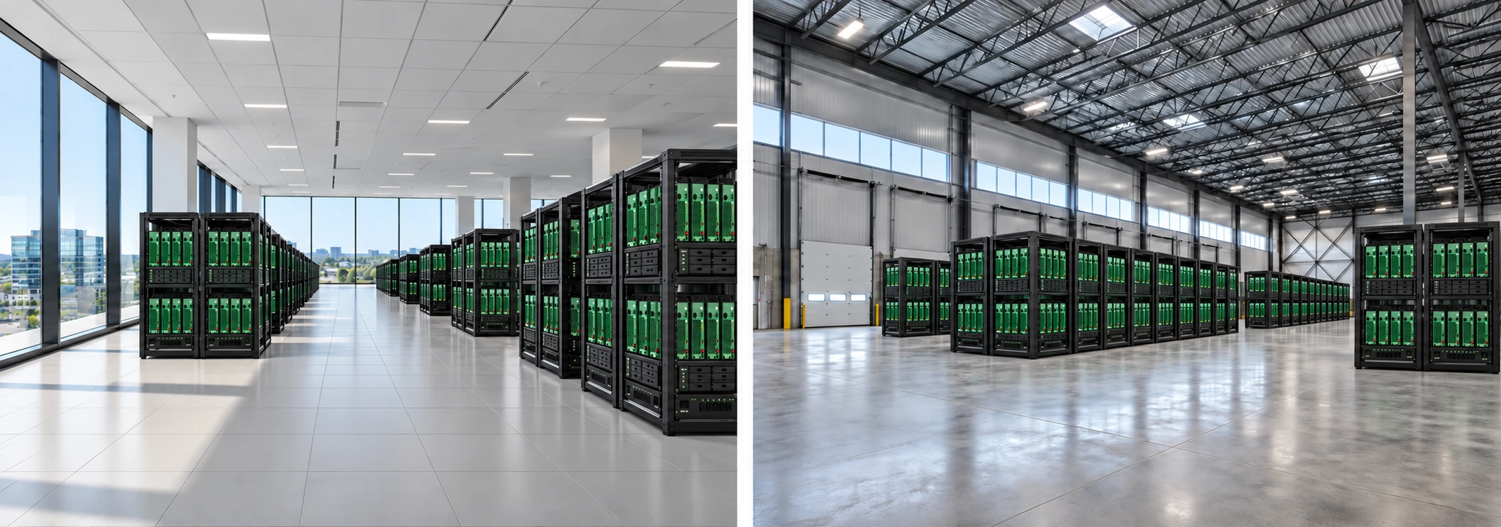 The same office space with concept Ritheum open racks, four green vertical DSi servers per shelf, storage and power units