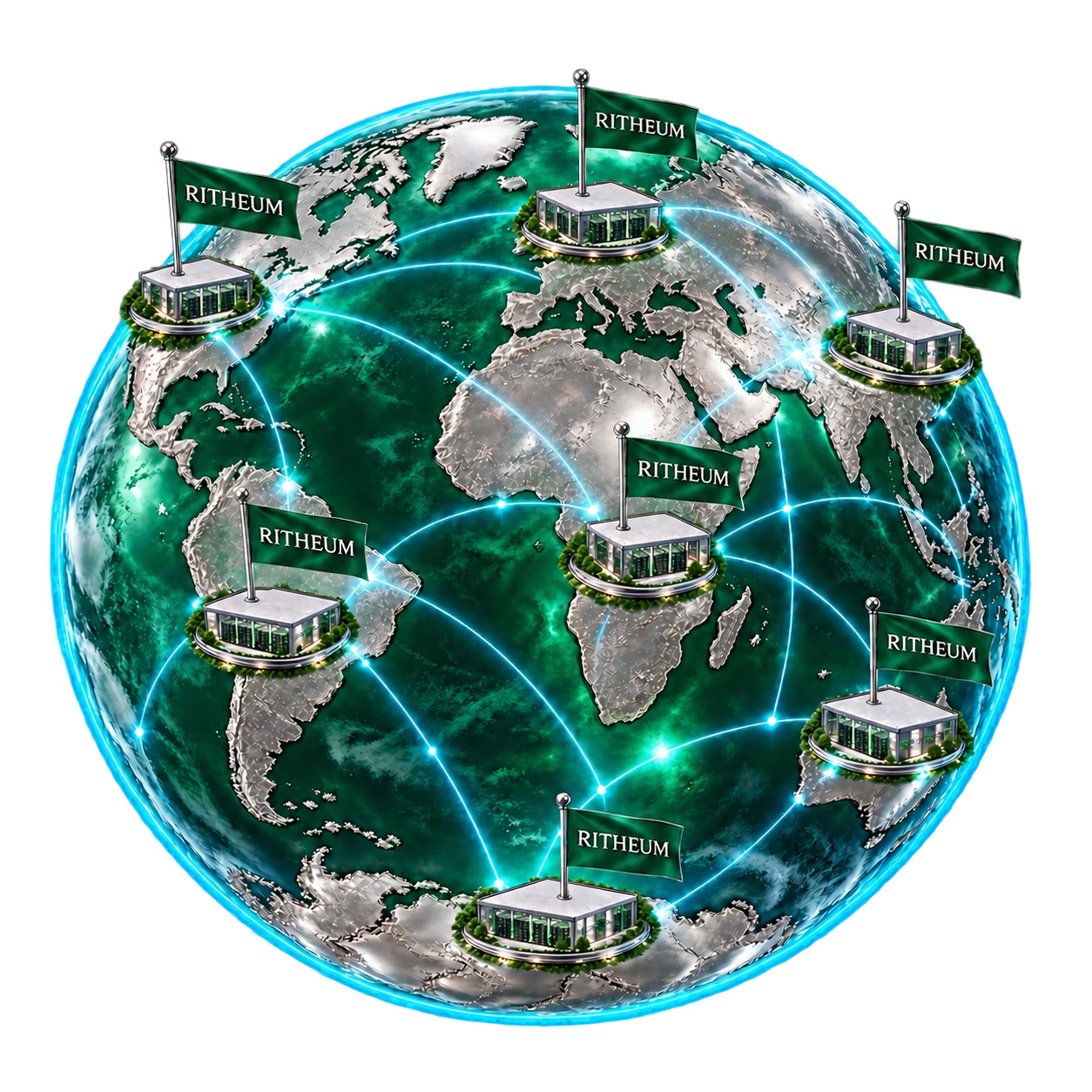 Silver globe with miniature data center facilities and Ritheum flags symbolizing worldwide ambition